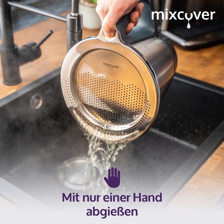 Produktbild Mixcover Edelstahl Sieb Abgiess-Hilfe Wiegeteller Spritzschutz für Thermomix TM6 und TM5