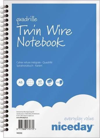 Produktbild Niceday Notebook Twin Wire Spiralbindung DIN A5 Kariert Papier Softcover Blau (A5, Kariert, Weicher Einband)