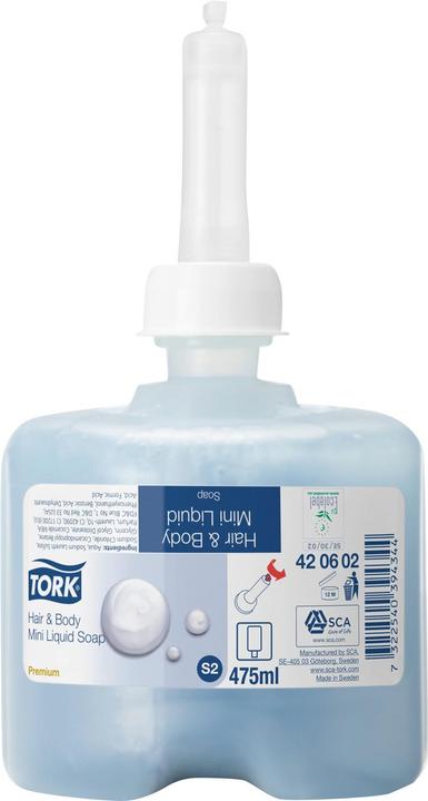 Produktbild Tork Hair & Body Mini Flüssigseife - 420602 - 2-in-1 Duschgel und Shampoo für S2 Spender-Systeme - P (475 ml)