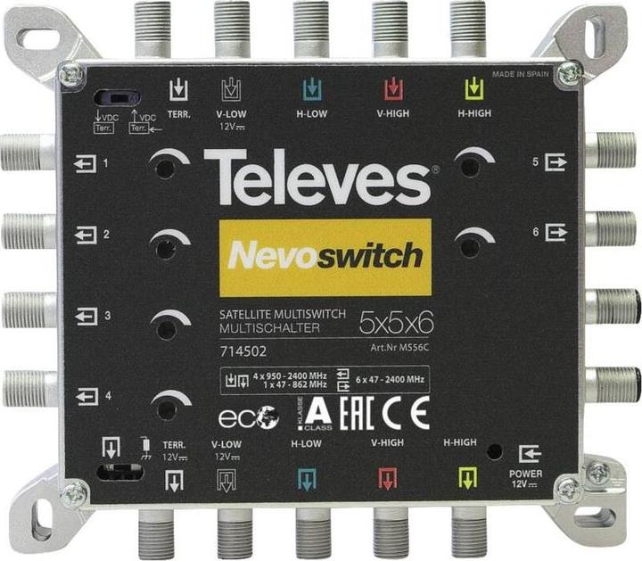 Televes Multiswitch a cascata con 5 ingressi (1 x terrestre e 4 xSAT), 6 uscite per abbonati, 5 Du (Multiinterruttori)