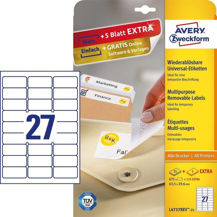 Produktbild Avery L4737REV-25, Stick&Lift Etiketten 63.5x29.6mm, weiss