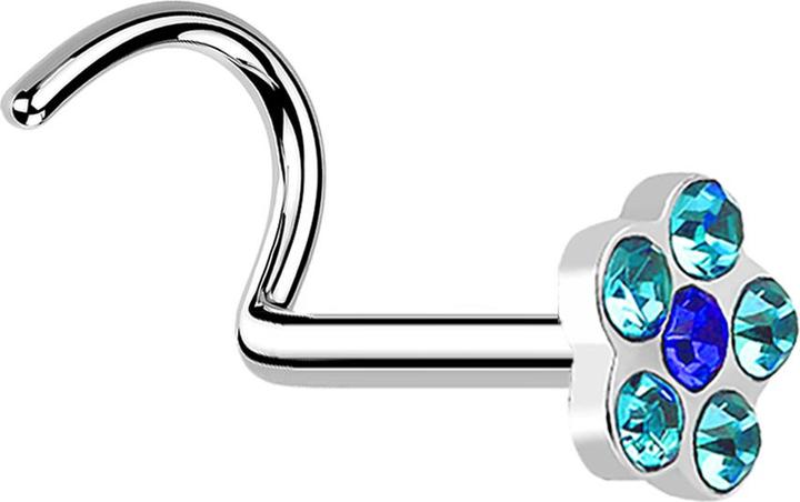 Produktbild Star Piercing Nasenstecker gebogen silber mit Blume und 5 Kristalle aqua (ohne Messing, Chirurgenstahl 316L)