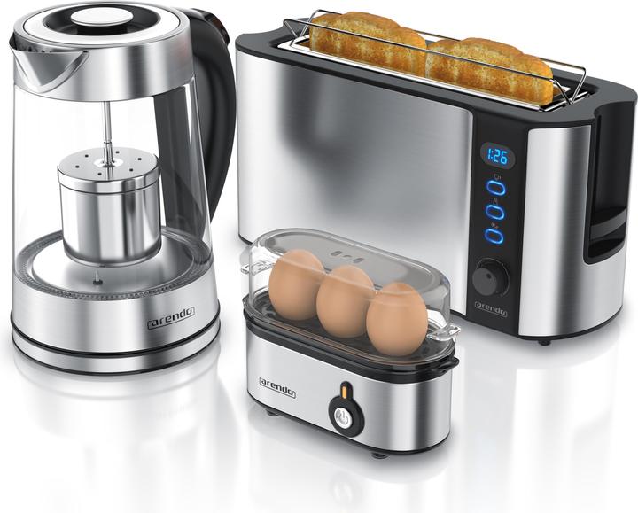 Produktbild Arendo Frühstücks Set, Wasserkocher 1,7l Temperaturwahl, 2-Scheiben Toaster & Eierkocher für 3 Eier, Silber