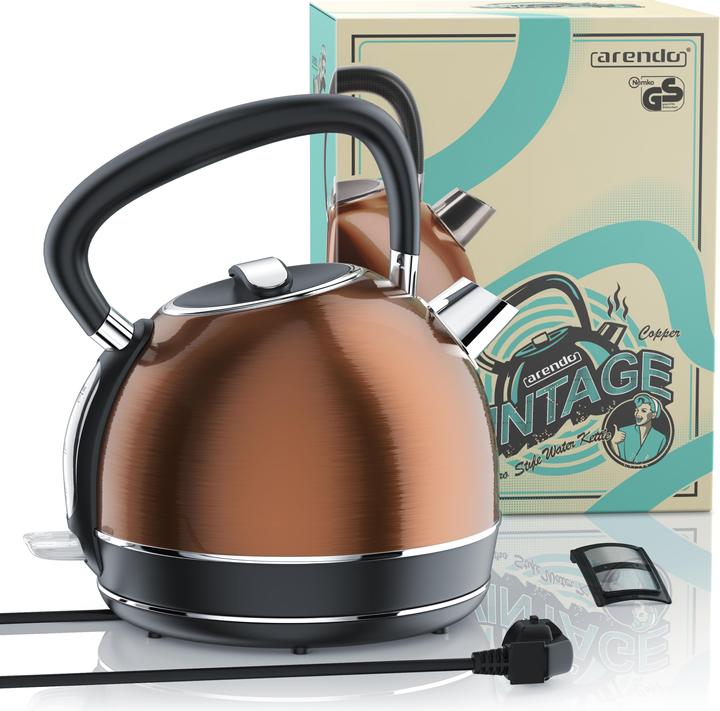 Produktbild Arendo Wasserkocher 1,7 l, 2200 W, Edelstahl, Retro Style Vintage, Überhitzung & Trockenkochschutz, kupfer (1.70 l)