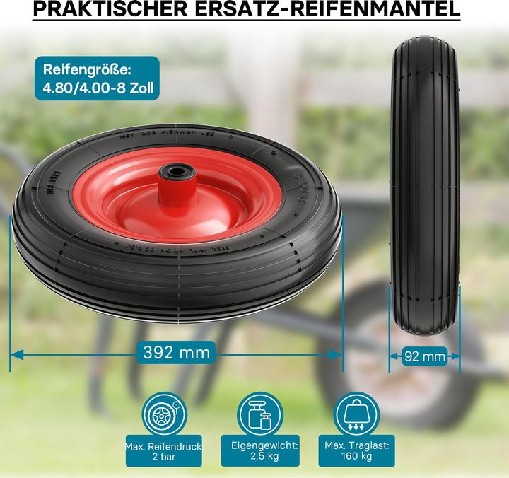 Produktbild Wiltec Rad Reifen 4.00-8 160kg Winkelventil Luftreifen Felge Ersatzrad Sackkarre (160 kg)