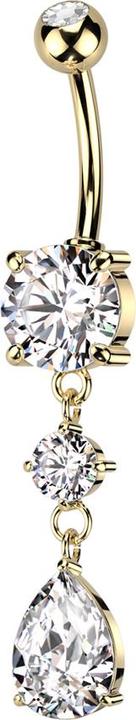 Star Piercing Banane vergoldet mit zwei Kugeln Kristall silber Anhänger runder und Tropfen Kristall (Messing, Chirurgenstahl 316L)