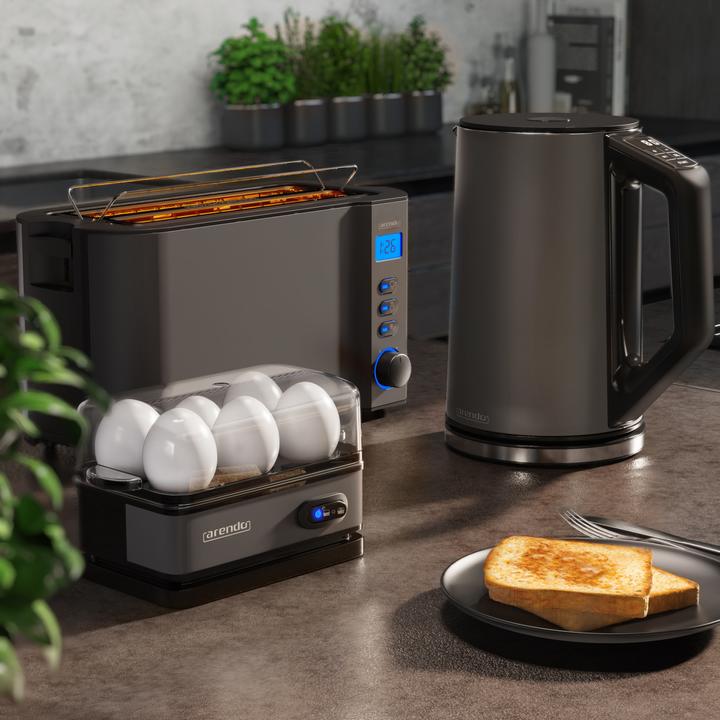 Actual product image Arendo Breakfast set, kettle 1.5l temperature selection, 4-slice toaster & egg cooker for 6 eggs, grey
