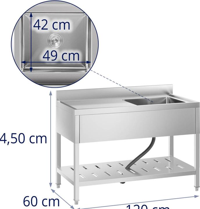 Produktbild Royal Catering Spültisch Spülbecken Edelstahlspüle Gastrospüle mit Regal Edelstahl 49x42x24,5cm (25 cm, 60 cm)