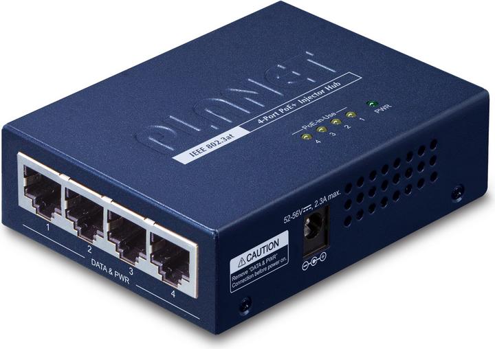 Actual product image Planet PoE 802.3at Injector 4-Port RJ-45 Hub 10/100/1000 Mbps Weight: 220g (802.3at (PoE+), 120 W)