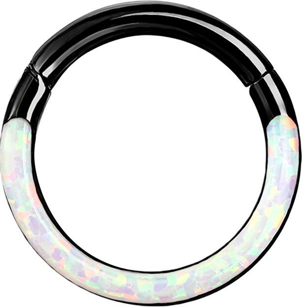 Produktbild Star Piercing Micro Segmentring klappbar schwarz front Opal streifen weiss (ohne Messing, Chirurgenstahl 316L)