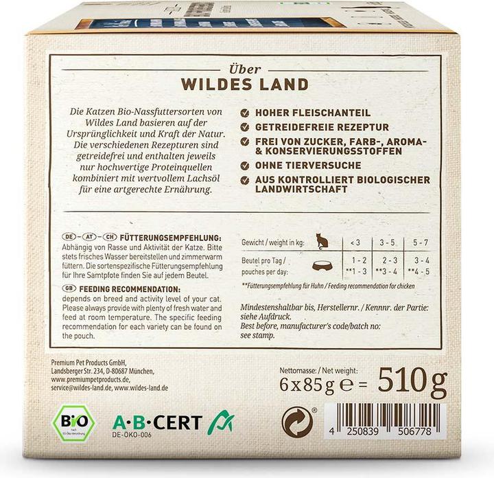 Image du produit Wildes Land Nourriture humide Adult BIO boîte d'essai, 6 x 85 g (Adulte, 6 pcs, 620 g)