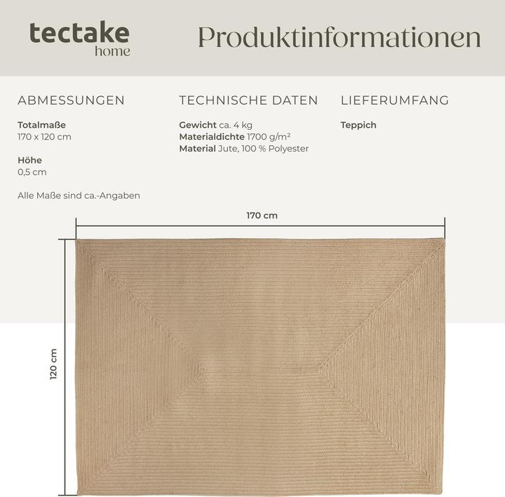 Actual product image tectake Rug - made with Jute blend, Boho Style, durable and easy-care (170 x 120 x 0.5 cm)