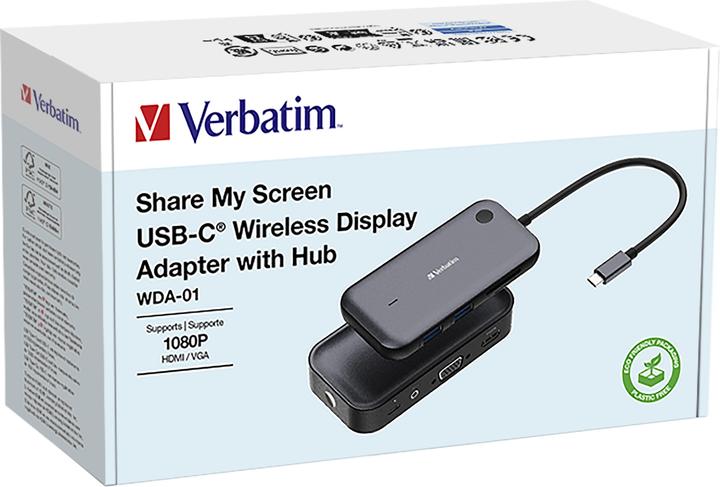 Image du produit Verbatim Adaptateur d'affichage sans fil USB-C 1080P avec concentrateur WDA-01 (USB-C, 1 Ports)