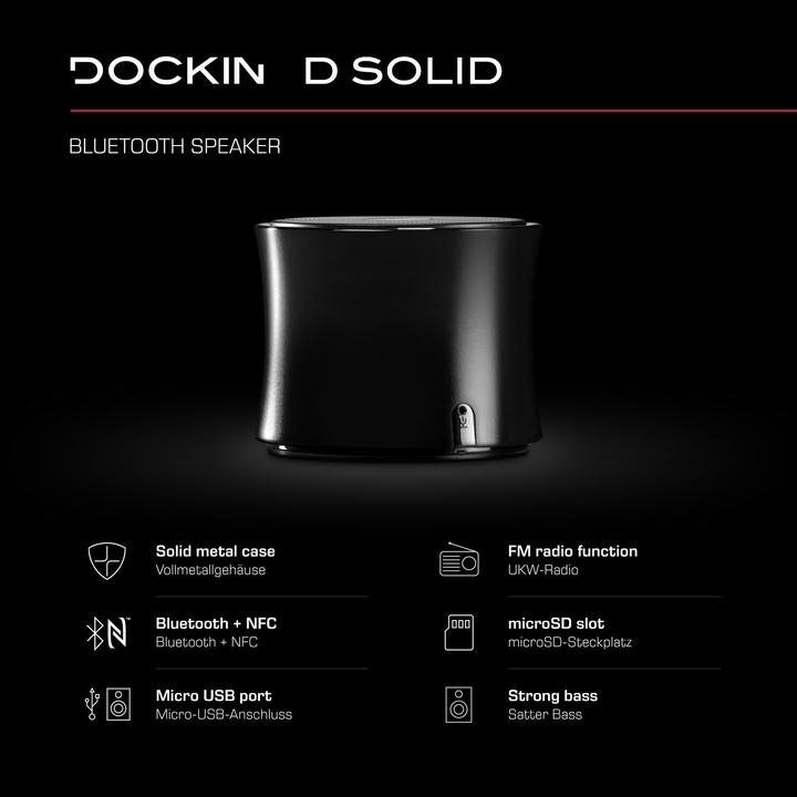 Actual product image Dockin active speaker D Solid aluminium housing FM/BLU4.0/AUX/BLU4.0 blac