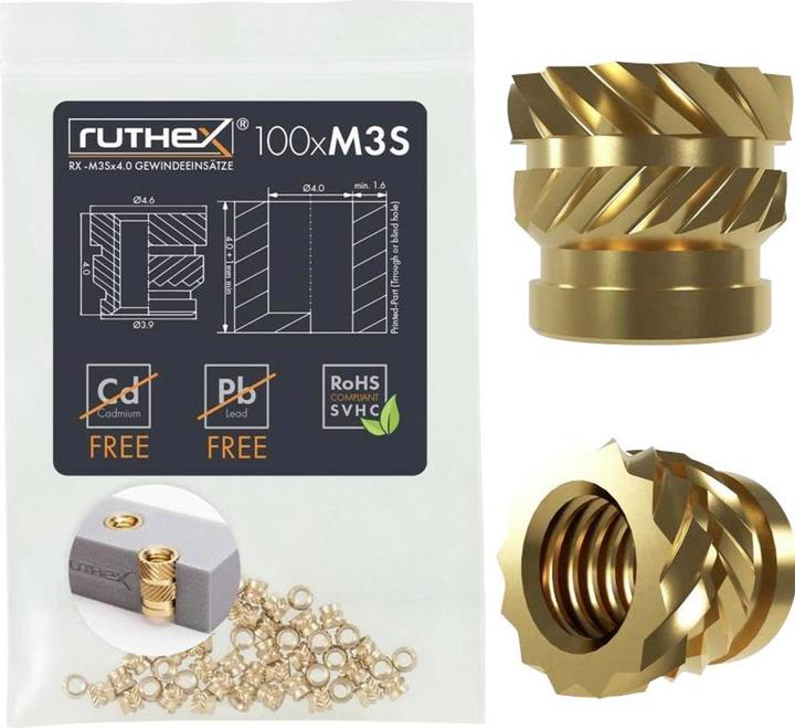 Image du produit Ruthex M3 Gewindeeinsatz SHORT - 100 Stück RX-M3Sx4.0 Gewindebuchsen aus Messing