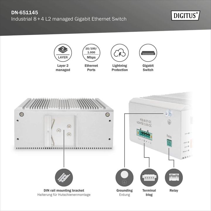 Actual product image Digitus Industrial 8+4 L2 managed Gigabit Ethernet Switch (12 Ports)