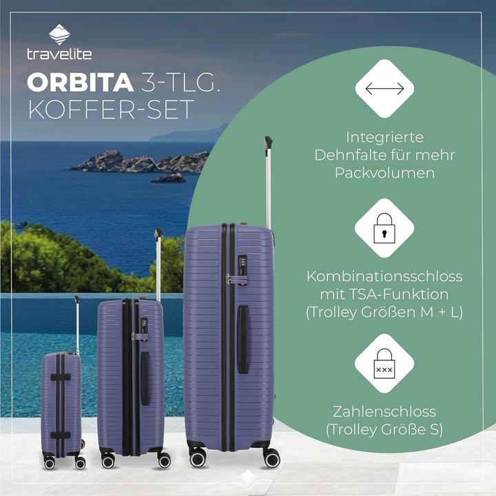 Actual product image Travelite Orbita 4-wheel suitcase set 3-piece with stretch fold (208 l, XL (from 140l))