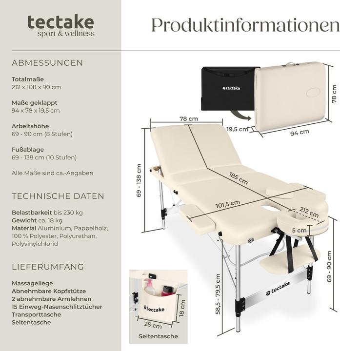 Actual product image tectake Massage Table - 3-zone bed with aluminium frame, head- and armrests, carry bag