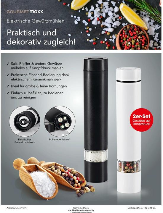 Produktbild Gourmetmaxx Salz- und Pfeffermühle 18.2 cm, Schwarz/Weiss, Materialtyp (Salz, Pfeffer)