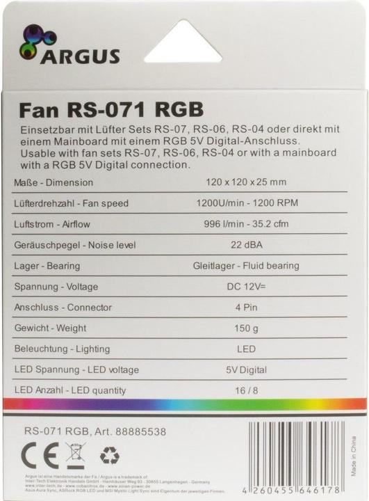Image du produit Intertech Inter-Tech RS-071 RGB Boîtier d'ordinateur Ventilateur 12 cm noir (120 mm, 1 x)