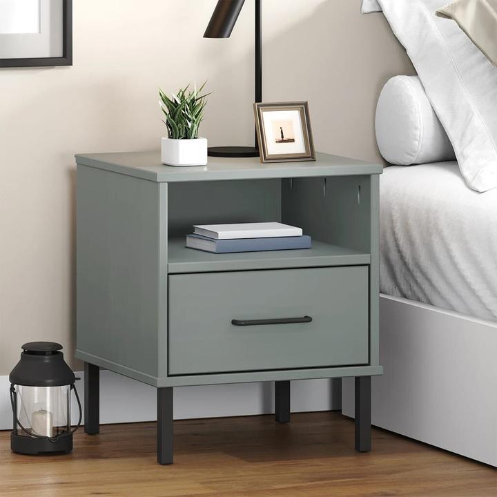 Actual product image VidaXL Nachttisch OSLO mit Metallbeinen Grau Massivholz