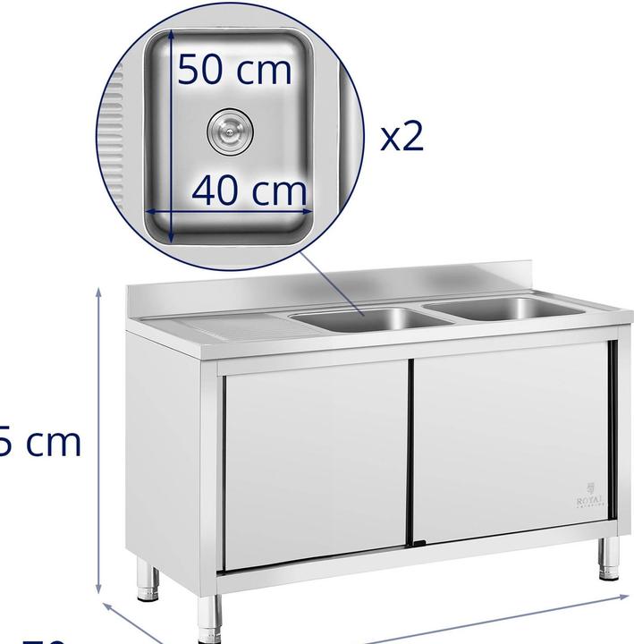 Immagine prodotto Royal Catering Lavello cucina - Acciaio inox - 2 vasche - - 500 x 400 x 300 mm (Lavandino montato in alto, 30 cm, 70 cm)