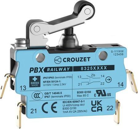 Crouzet Microinterruttore, 2A, 600mA, 1 contatto in scambio, 3,6N, leva a rotella, IP67, terminale a