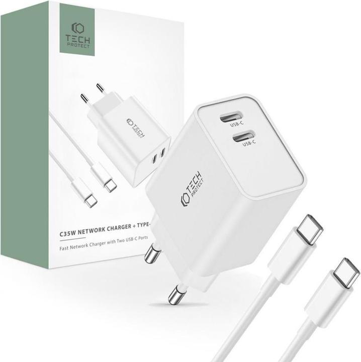 Image du produit Tech-Protect C35W 2x USB-C PD Chargeur réseau 35W avec câble USB-C / USB-C - blanc (35 W)