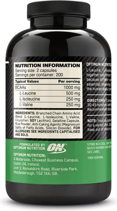 Nutritional values and ingredients Optimum Nutrition Bcaa 1000 (Neutral, 400 pcs., 300 g)