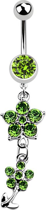 Produktbild Star Piercing Banane silber mit Anhänger zwei Kristallblumen hellgrün (Chirurgenstahl 316L)