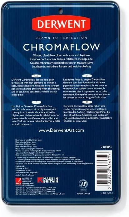Image du produit Derwent Crayons de couleur Chromaflow (Rose Fard à Joues, Flamand, Brun Naturel, Écarlate, herbe verte, Denim, Jaune soleil, Bleu, Basilic, Noir, Lilac, Blanc, 12 x)