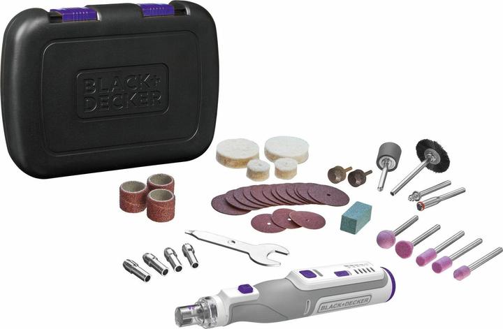 Scatola portaoggetti, Chiave, Cavo di ricarica USB senza adattatore di rete, 1 punta di diamante, 1 punta in carburo, 1 supporto per disco, 1 supporto per mola lucidante, 5 consigli per l'affilatura, 1 pietra per affilare, 3 cilindri di levigatura grandi, 3 dischi abrasivi, 1 spazzola in setola, 12 dischi da taglio, 2 ruote lucidanti, 2 ruote lucidanti grandi, 3 pinze aggiuntive, 1 supporto per cilindro abrasivo grande, 1 attacco per accessori in PET