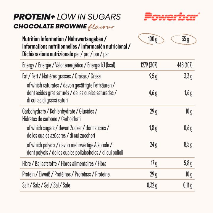 Nutritional values and ingredients Powerbar Protein Plus Low Sugar Multiflavour Box (Yoghurt, Raspberry, Espresso, Brownie, Vanilla, Chocolate, 16 pcs., 560 g)