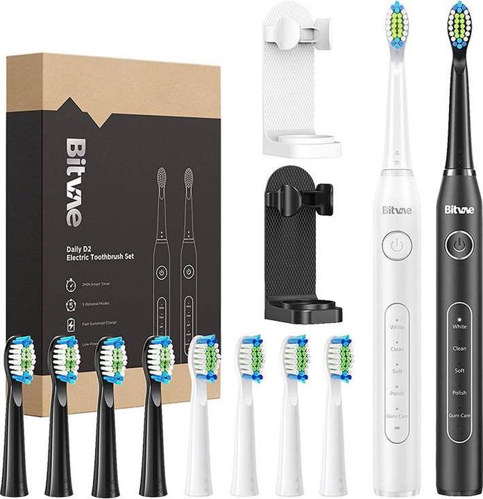 Bitvae Sonic toothbrushes with tips set and 2 toothbrush holders D2+D2 (white and black) (Schallzahnbürste)