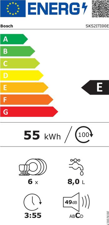 Label énergétique Bosch Hausgeräte Série 2, Lave-vaisselle compact pose libre, 55 cm, Acier brossé anti-traces de doigts, SKS2IT
