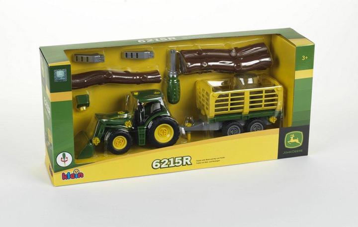 Actual product image Theo Klein John Deere tractor with timber and hay wagon