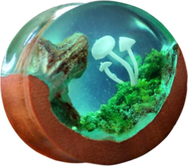 Actual product image Star Piercing Flared Plug Mystic Mushroom Epoxy Green Saba Wood (without brass, Organic)