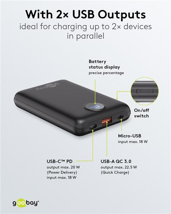Immagine prodotto Goobay Powerbank compatto da 10.000 mAh (10000 mAh, 22.50 W, 38.50 Wh)