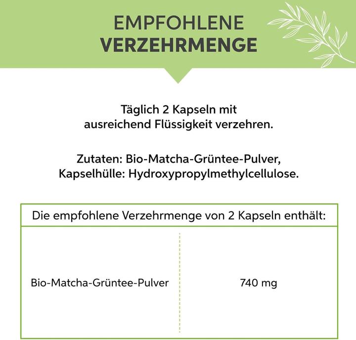 Valori nutrizionali e ingredienti Eltabia Capsule di estratto di tè verde Matcha biologico | 100% puro senza additivi (100 Pezzo/i, Pillole)