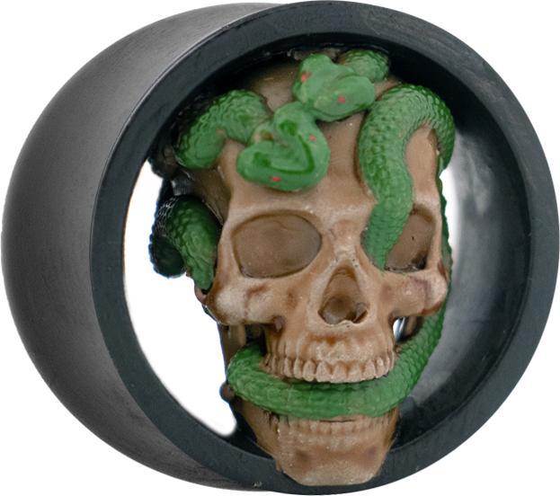 Produktbild Star Piercing Flared Tunnel schwarz Totenkopf mit Schlange rechts (Harz, ohne Messing)