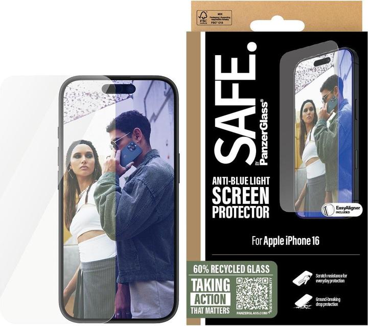 PanzerGlass SAFE. by ® Anti-Blue Light Screen Protector iPhone '24 6.1" | 15 | Ultra-Wide Fit (1 Piece, Apple iPhone 15, Apple iPhone 16)