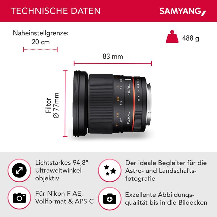 Image du produit Samyang 20mm f/1.8 ED AS UMC - Nikon F (Nikon F, Plein format)