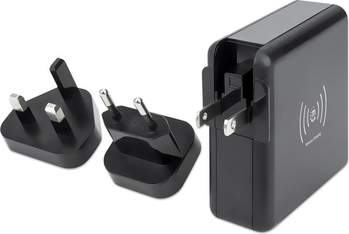 Produktbild Manhattan 4-in-1 Reiseladegerät und Powerbank 8.000 mAh Ein kabelloses 5 W-Induktionsladepad, zwei 12 W USB-A- (8000 mAh, 5 W, 29.60 Wh)