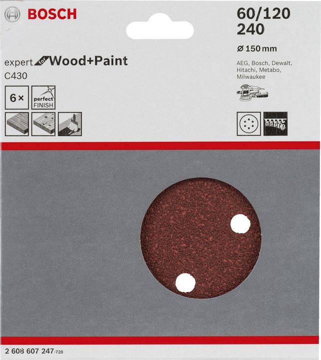 Actual product image Bosch Professional Zubehör Sanding sheet C430, 150 mm, 60, 120, 240, 6 holes, Velcro, pack of 6 (60, 120, 240)