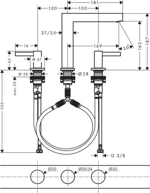 Produktbild hansgrohe HG 3-Loch-Waschtischarmatur FINORIS 160 m Push-Open Ablaufgarnitur 1 1/4Zoll chr