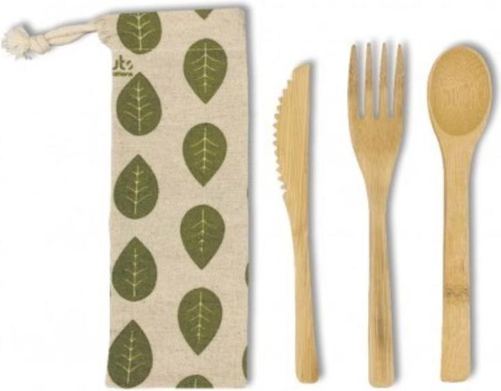 Immagine prodotto Nuts Set di 3 posate di bambù in borsa di lino con foglie, 16 cm (3 Pezzo/i, Coltello)