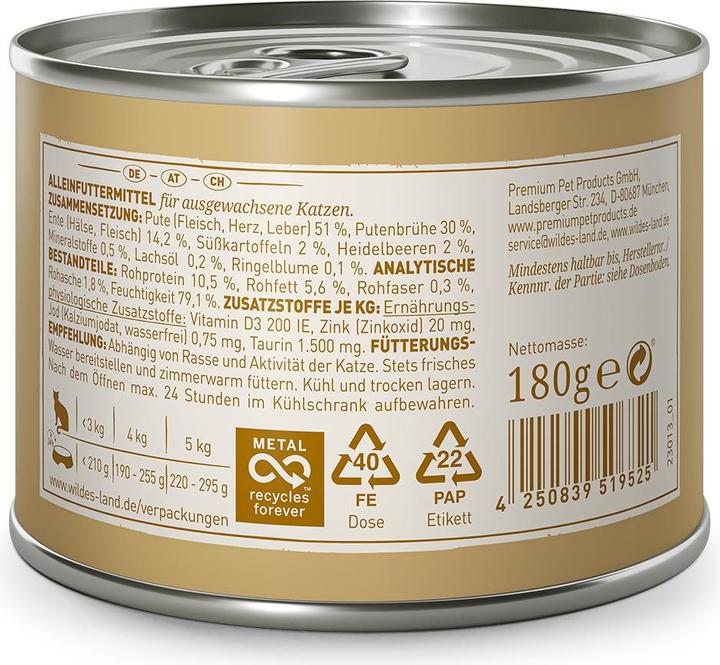 Valori nutrizionali e ingredienti Wildes Land Cibo umido al ragù di anatra e tacchino 6 x 180 g (Adulto, 6 pz., 1080 g)