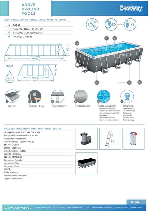 Actual product image Bestway Power Steel Frame Pool Komplett- Set, mit Sandfilteranlage, 549x274x122 (549 x 274 x 122 cm)