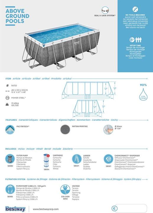 Produktbild Bestway Rectangular Power Frame Pool (412 x 201 x 122 cm)