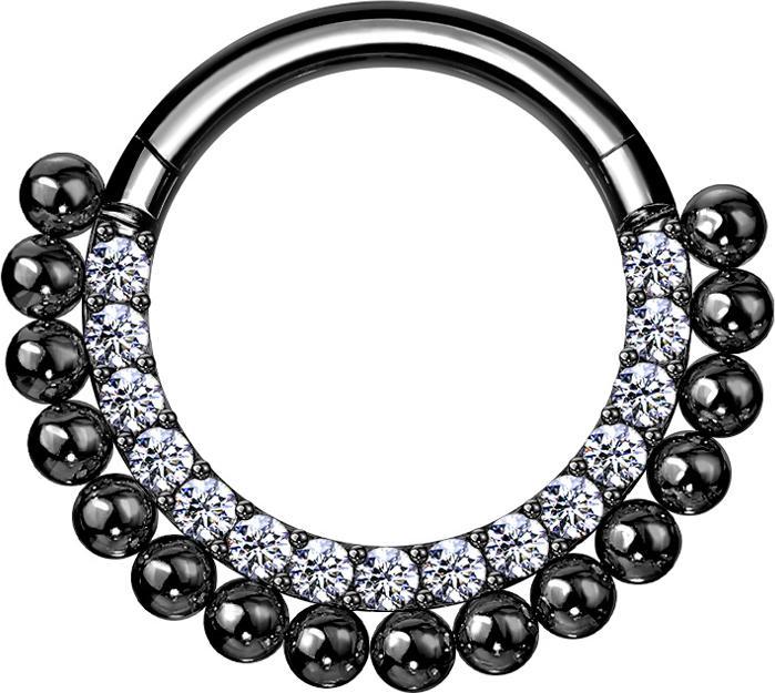Produktbild Star Piercing Micro Segmentring klappbar schwarz front Kristalle silber und Kugeln (ohne Messing, Chirurgenstahl 316L)